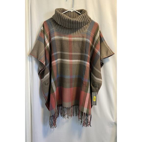 Multiples | Tartan Plaid Cowl Neck Poncho Shawl Sweater NWT -Size Large - Picture 1 of 6